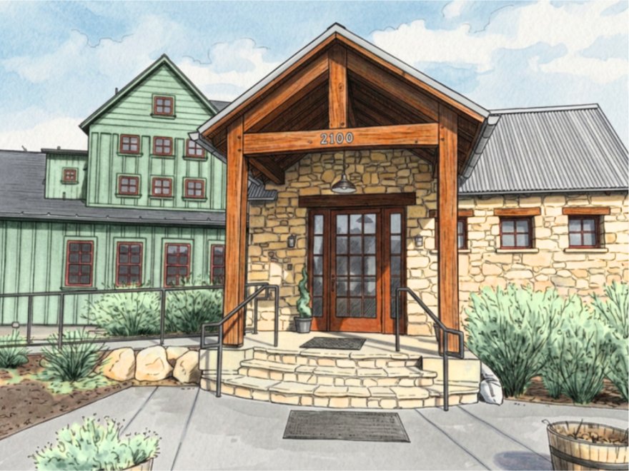 Watercolor illustration of the Harvest Park Event Center entrance