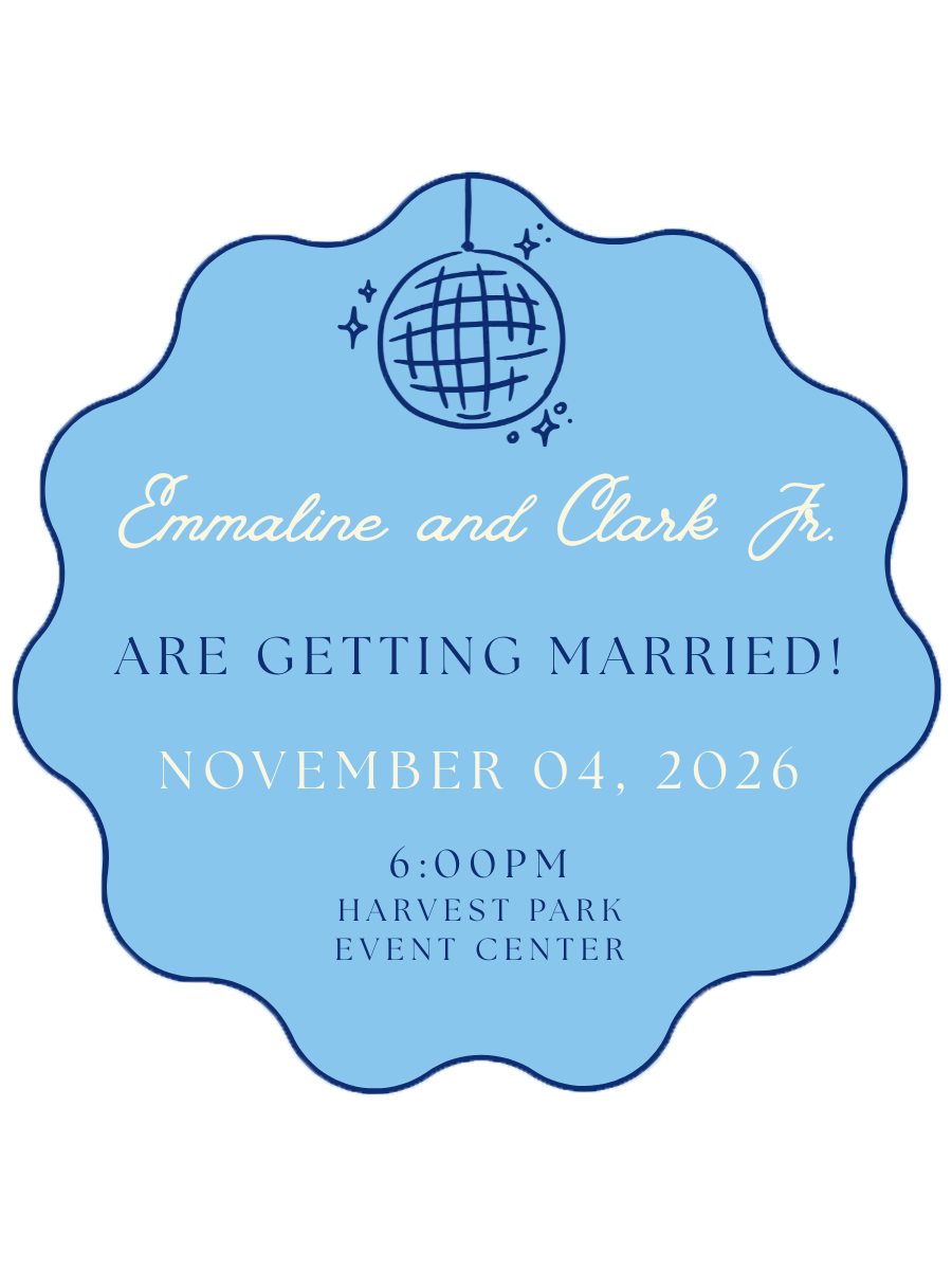Scalloped sky-blue badge with a hand-drawn disco ball: Emmaline and Clark Jr. are getting married! November 04, 2026 · 6:00 PM · Harvest Park Event Center